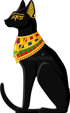 an egyptian cat with gold jewelry on it's neck, sitting down and looking at the