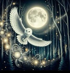 an owl is flying in the night sky over trees and lights with a full moon behind it