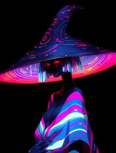 a woman in a colorful dress and hat with neon lights on her head, standing against a black background