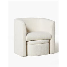 a white chair with a footstool sitting on it's back legs and arms