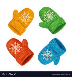 four knitted mittens with snowflakes on them in different colors and sizes