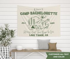 a wall hanging on the side of a building with a sign that says camp bachelor