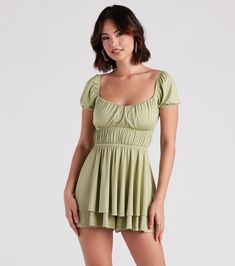 Show off your flirty style in this adorable romper! It features a sweetheart neckline, short puff sleeves that can be worn off-the-shoulder, ruched detailing at the waist, a fit and flare silhouette, and flowy shorts with a mini skirt overlay. Complete the look with gold hoops and strappy sandals. Fit & Features Sweetheart neckline Short puff sleeves, elastic cinched hems Ruching at the waist, elastic seams Fit and flare silhouette Flowy shorts, mini skirt overlay Smooth knit fabric, plenty of s Black Strapless Jumpsuit, Romper Sewing Pattern, Flirty Style, Romper Long Pants, Flowy Romper, Chiffon Romper, Skirt Overlay, Crochet Romper, Pattern Romper