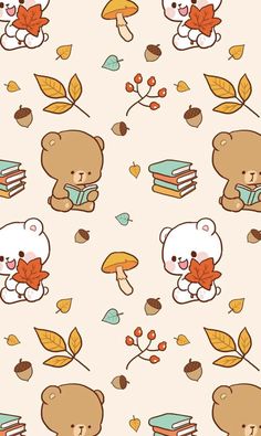 the bears are holding books and autumn leaves