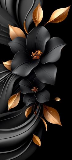 black and gold flowers with leaves on a black background, this is an image of a flower