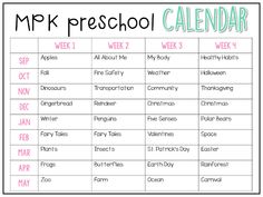 a printable calendar with the words mpk preschool, week 3 and month 4