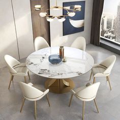 a dining room table with white chairs and a marble top in front of a cityscape