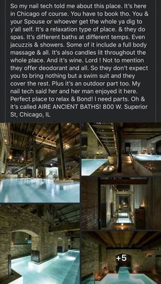 the inside of an indoor swimming pool with many different pictures and text describing it's features