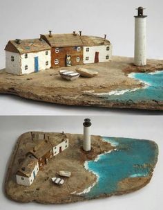 two pictures of an island with a house and lighthouse on it, one is made out of clay