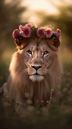 a lion with flowers on its head