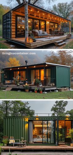 two pictures showing the inside and outside of a house made out of shipping containers with windows