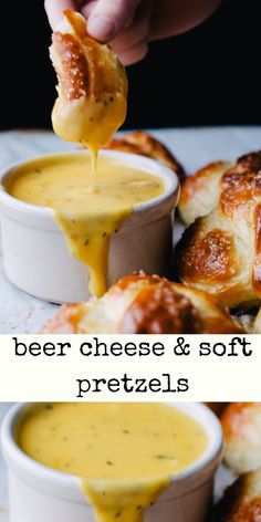 a person dipping cheese into a bowl of soup with bread in the background and text overlay reading beer cheese & soft pretzels