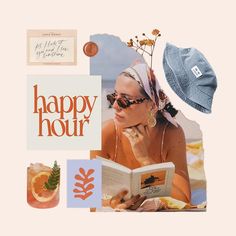 beach vibes, appetizer, summer vibes, beach, girl reading, relax, cocktail, happy hour, relax, girl Summer Design Inspiration, Summer Graphic Design Inspiration, Collage Branding, Fresh Moodboard, Branding Collage, Summer Collages, Beach Moodboard, Summer Graphic Design, Summer Newsletter