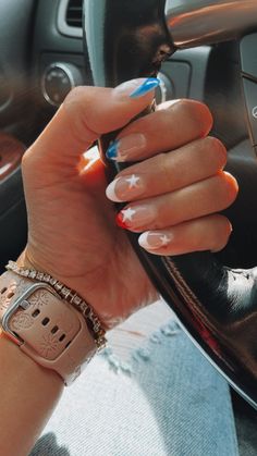 Fun French Tips Almond, 4th Of July Nails Almond Shape Simple, Gel Nail Designs Easy At Home, 4th Of July Subtle Nails, Country Concert Acrylic Nails, Summer Nail Ideas Natural Nails, Sadie Crowell Nails, Cute Summer Nails Easy At Home, Europe Trip Nail Ideas