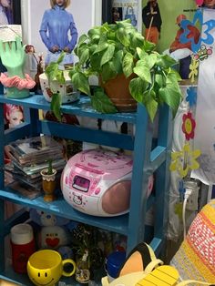 a blue shelf filled with lots of plants and toys