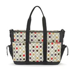 a multicolored polka dot tote bag