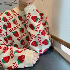 Loose Sweater Outfit, Vintage Strawberry, Strawberry Print, Cole Sprouse, Loose Sweater, Kawaii Clothes, Kawaii Fashion, Red Sweaters, Look Cool