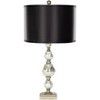 a table lamp with a black shade on top of it and a white base underneath