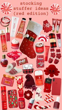 an assortment of christmas items on a pink background with the words stocking stuffer ideas red