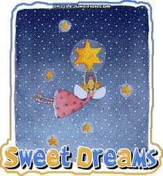 a cartoon character flying through the air with stars on it's back and words sweet dreams