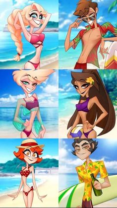 cartoon characters in bikinis on the beach