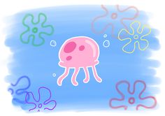 an image of a pink jellyfish floating in the water with bubbles and flowers around it