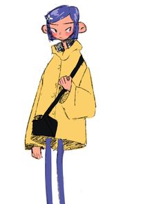 a drawing of a person wearing a yellow coat and blue pants holding a black bag