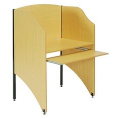 the corner desk is yellow and has two shelves on each side, with one shelf attached to it