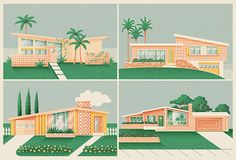 four different views of a house with palm trees