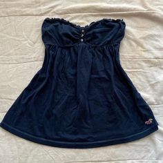 Navy Blue Coquette Outfits, Siren Core Outfits Casual, Cute Blue Tops, Coquette Fashion Outfit, 2000s Shirts, Babydoll Cami Top, Strapless Blouse, Babydoll Cami, 2000s Clothing