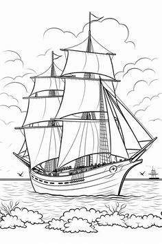 a boat sailing on the ocean with clouds in the sky coloring pages for adults and children