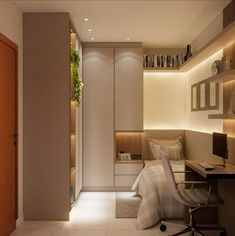 a bedroom with a bed, desk and chair in the corner next to a closet