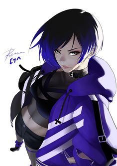 an anime character with black hair and blue eyes is posing for the camera, wearing a purple outfit