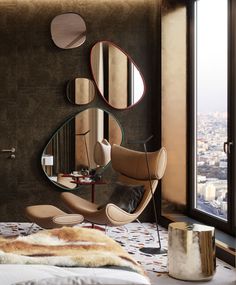 a bedroom with a large mirror on the wall next to a chair and ottoman in front of a window