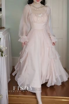 Fisdy - Refined Ivory High-Waisted Maxi Dress with Elegantly Long Sleeves Soft Girl Dress Aesthetic, Pretty Prom Dresses Long, Princess Aesthetic Dresses, Soft Girl Dress, Winter Prom Dresses, Modest Girly Outfits, Princess Dress Fairytale, Gowns Dresses Elegant, Custom Prom Dress