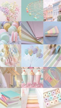 a collage of pastel colors with balloons, sweets and other things in them