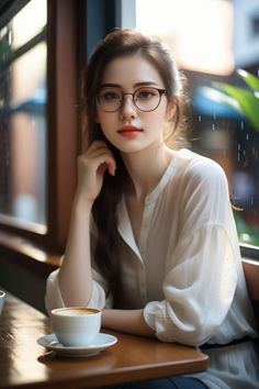 a woman wearing glasses sitting at a table with a cup of coffee in front of her