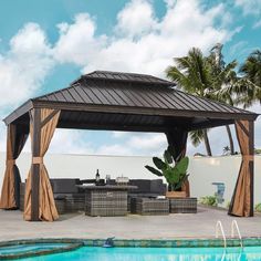 a gazebo sitting next to a swimming pool