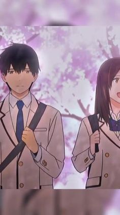 two anime characters standing next to each other in front of a tree with purple flowers