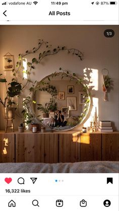 a mirror sitting on top of a wooden dresser next to a plant filled wall mounted above it