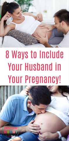 pregnant couple cuddling in bed with the text 8 ways to include your husband in your pregnancy