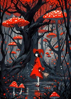 a woman in a red dress is holding an umbrella and walking through the woods with mushrooms