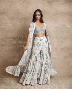 Traditional 3 Piece Dress, 3 Piece Dresses For Women, Sharara And Cape, Crop Top Sharara Set With Shrug, 3 Piece Outfit Women Indian, Two Piece Outfits Traditional, 3 Piece Set Outfit Women Traditional, 3 Piece For Women Traditional, Cape Sharara Set