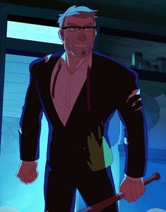 an animated man in a suit holding a cane