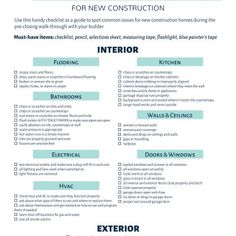 a blue and white checklist with instructions for the new construction site in front of it