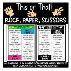 this or that rock paper scissors poster with two hands on each side and the words rock paper scissors below