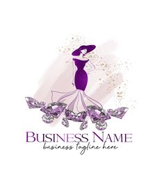 a woman in a dress and hat with butterflies on her head is standing next to the words business name