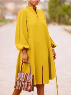Long sleeve Loose Plain Stand Collar Lantern Sleeve Dress Plain And Pattern Gown Styles, Elegant Dress Outfits, Loose Dresses For Women, Long Loose Dress, Loose Dress Outfit, Loose Long Dress, African Designers, Long Sleeved Dress, Loose Dresses