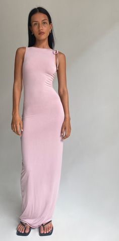 Slinky Baby Pink Maxi Dress | Elinor – motelrocks-com-us Baby Pink Maxi Skirt, Spandex Dress Outfit, Pink Outfits Cute, Maxi Dress Outfit Casual, Maxi Dress Outfits, Tight Maxi Dress, Pink Off The Shoulder Dress, Bodycon Dress Outfit, Long Pink Dress