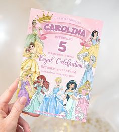 Get ready to host the most enchanting Disney Princess birthday party with our Disney Princess Birthday Invitation, now fully editable with Canva for instant access and customization! Your little one's special day deserves nothing less than a magical start, and our printable invitation sets the perfect tone for a royal celebration. Disney Princesses Birthday Invitation, Disney Princess Theme Birthday Party Invitations, Disney Princess Birthday Invite, Disney Princess 6th Birthday Party, Disney Princess Birthday Ideas, 4th Birthday Princess Theme, Princess Party 5th Birthday, Disney Princesses Birthday Party Ideas, Disney Princess 5th Birthday Party